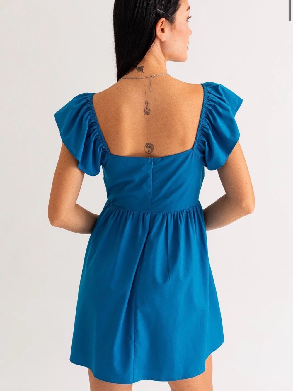 Teal Puff-Sleeve Square Back Mini Dress